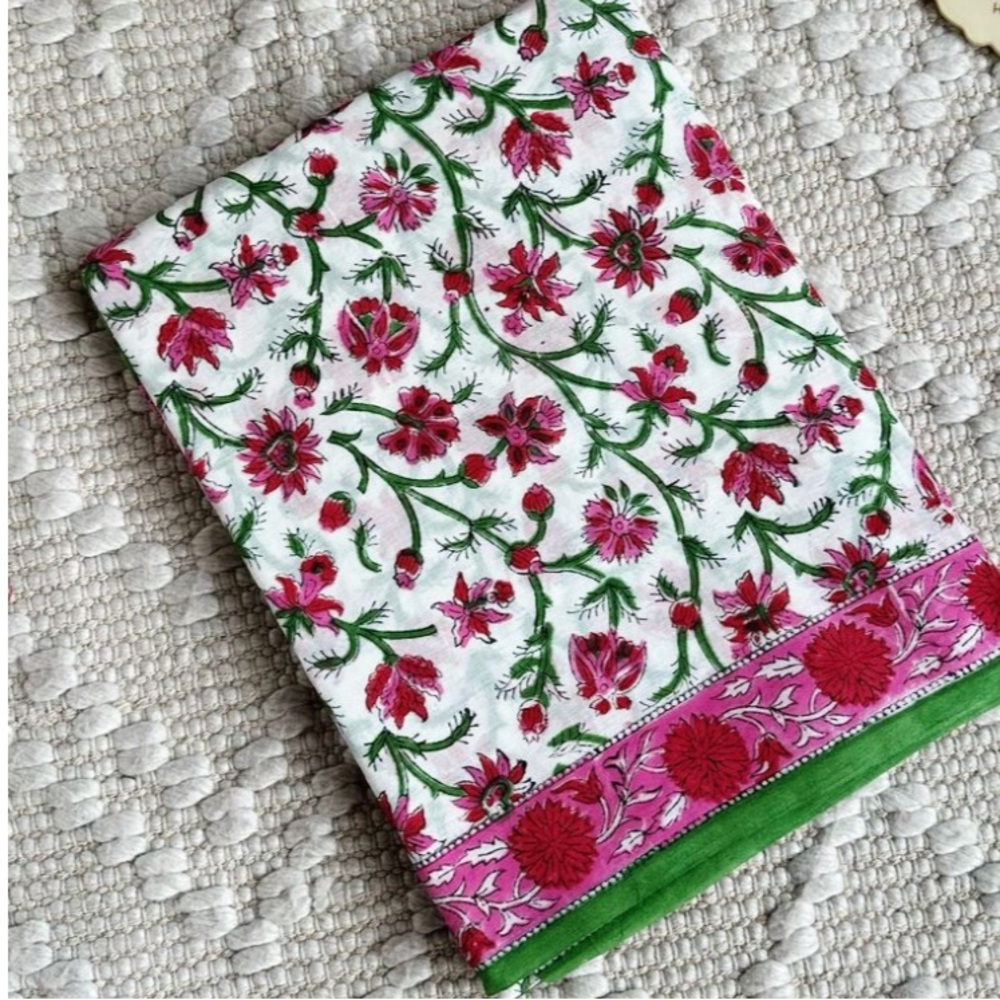 Floral Print Fabric with Pink and Green Accents New block Print cotton Saree - Picture 11 of 15